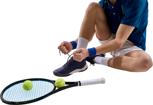 Male tennis player sitting on court floor and tying shoelaces before practice session. Isolated on transparent background. Concept of young athlete lifestyle branding - Powered by Adobe