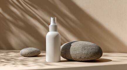 White spray bottle on beige surface, flanked by smooth stones, bathed in dappled sunlight casting leaf shadows