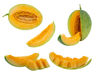 High Quality PNG Picture of cantaloupe melon slices isolated on white background.