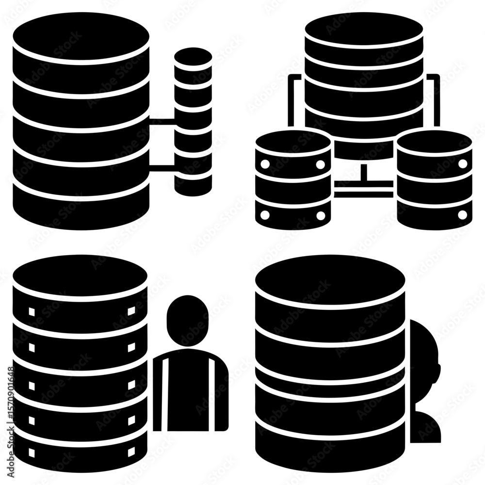 Poster illustration depicting multiple database icons with varying connections and user interactions shown 