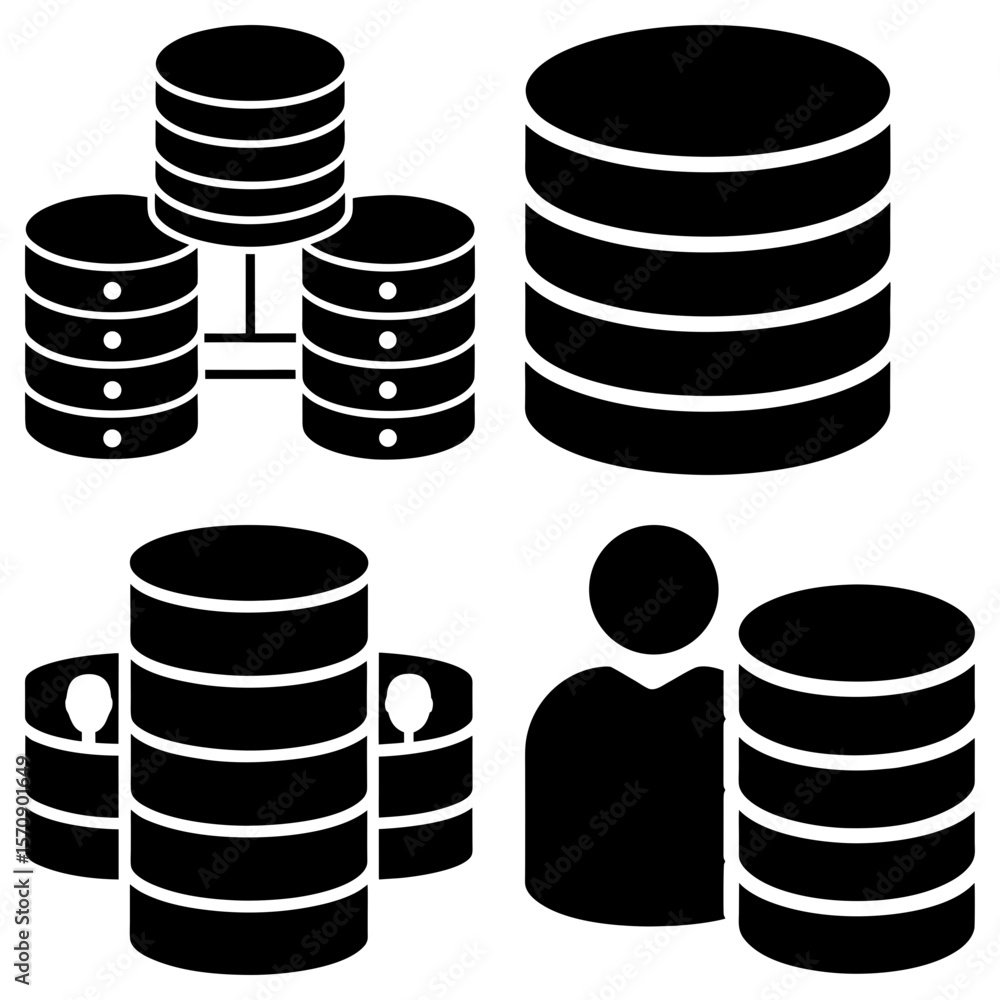 Poster illustration of data storage servers with networking and user interaction in solid black color
