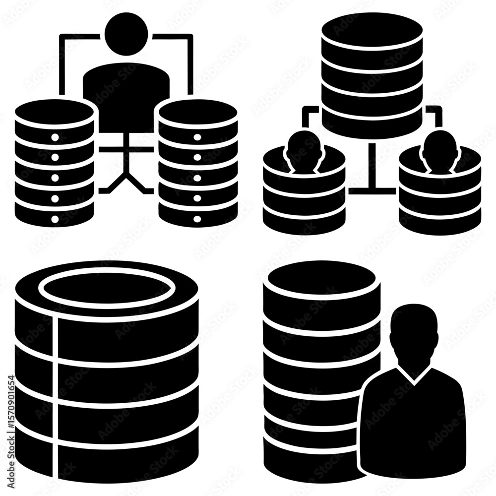 Poster illustration depicting database structures with human figures and connections in black and white for