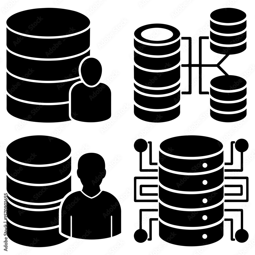 Poster illustration of databases with user icons and interconnected server data in black and white design s
