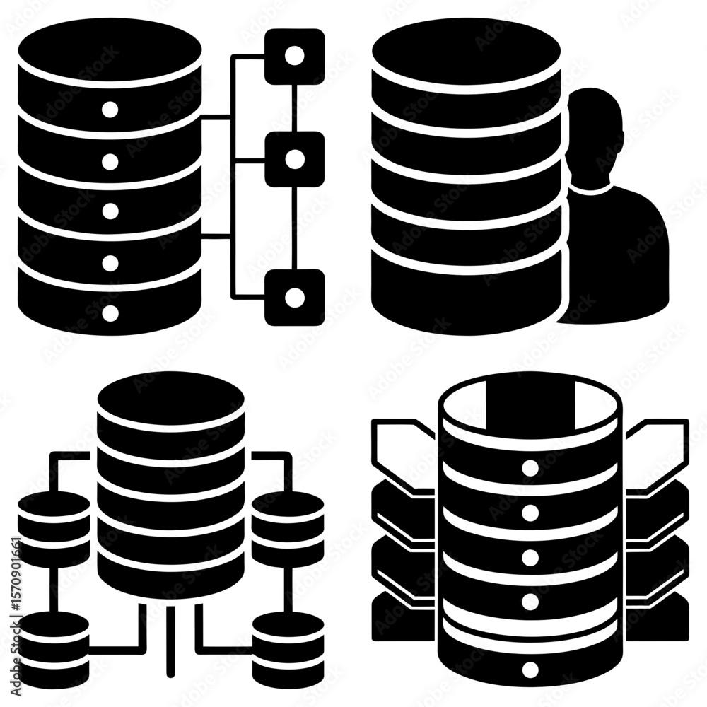 Poster illustration of four database server icons depicting data storage and network connections in black a