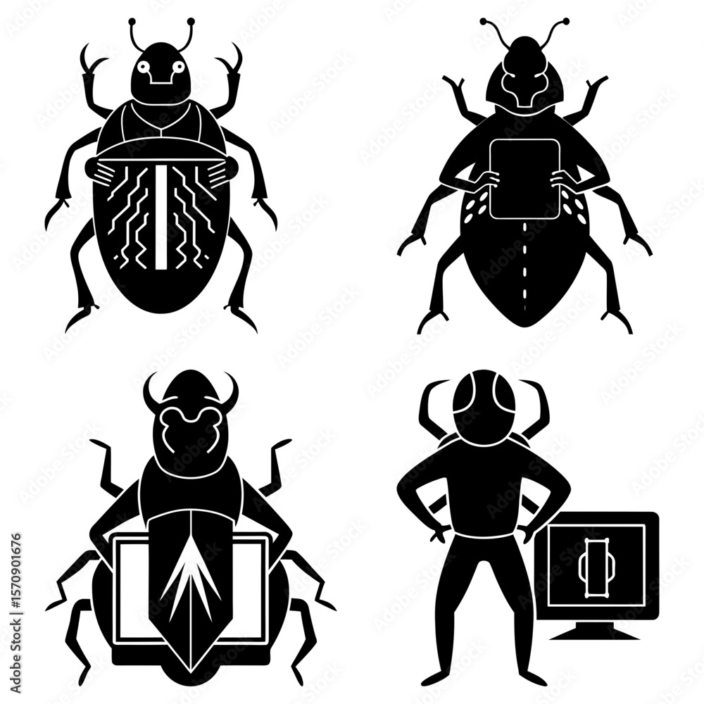Aufkleber illustration of four stylized black bugs with different designs and computer related elements in bla