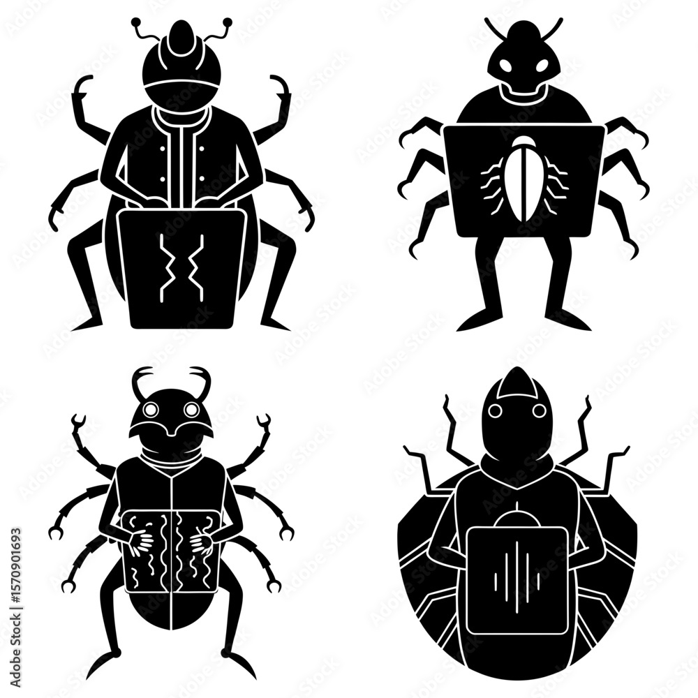 Poster four stylized black and white insect figures holding rectangular objects with unique designs inside 