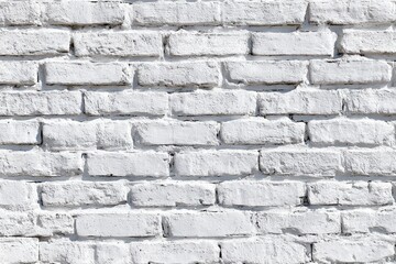 Fototapeta premium Whitewashed brick wall texture, showcasing rectangular bricks in a running bond pattern, with slight variations in color and mortar showing