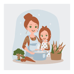 Happy Mother and Daughter Cook Together in a Bright Cartoon Style