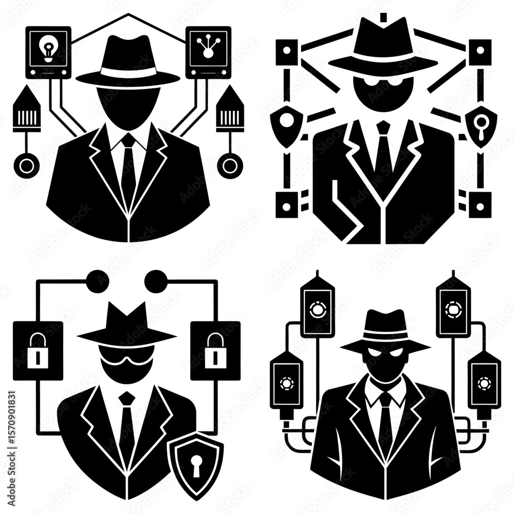 Poster four black and white icons featuring figures in suits and hats with security and network elements ar