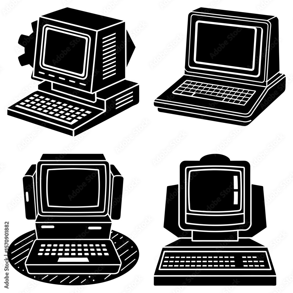 Fototapete illustration of four retro computers with different designs in a black and white vector graphic styl