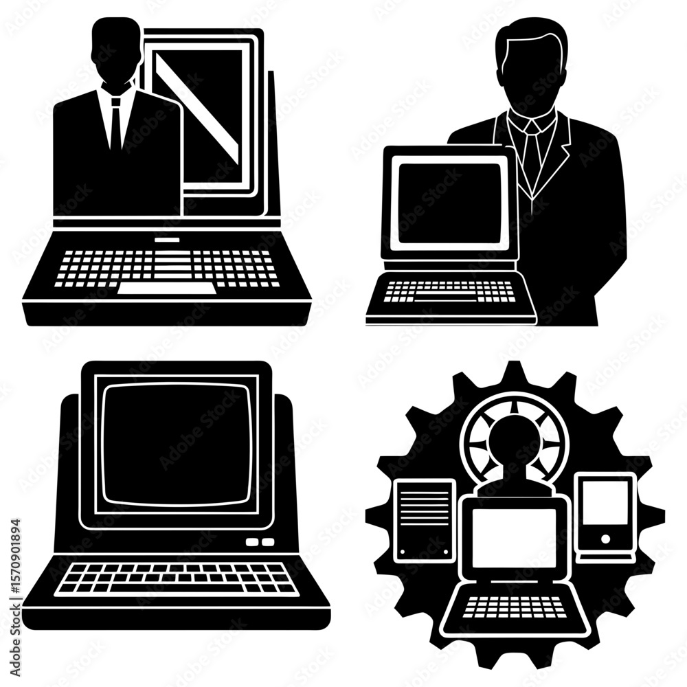 Poster illustration showcasing various computer setups and a gear icon with devices and a person inside it