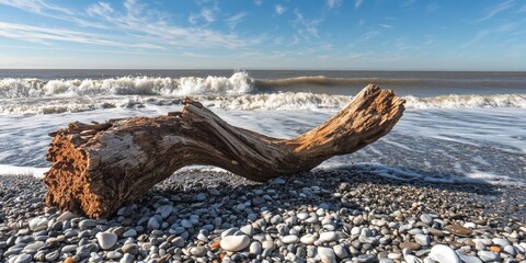 Serene Beach Landscape with Driftwood and Smooth Stones, Gentle Waves Lapping at the Shoreline