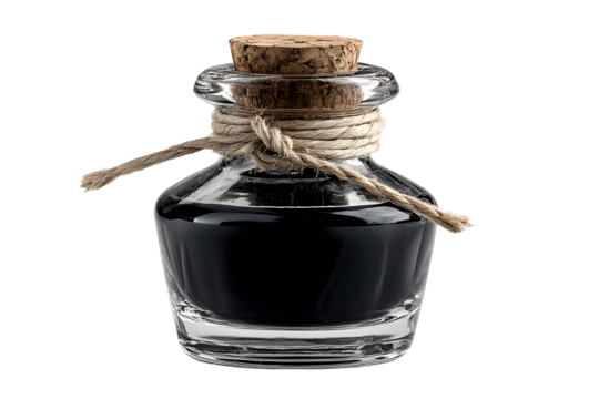 Glass ink bottle filled with black ink isolated on transparent background.