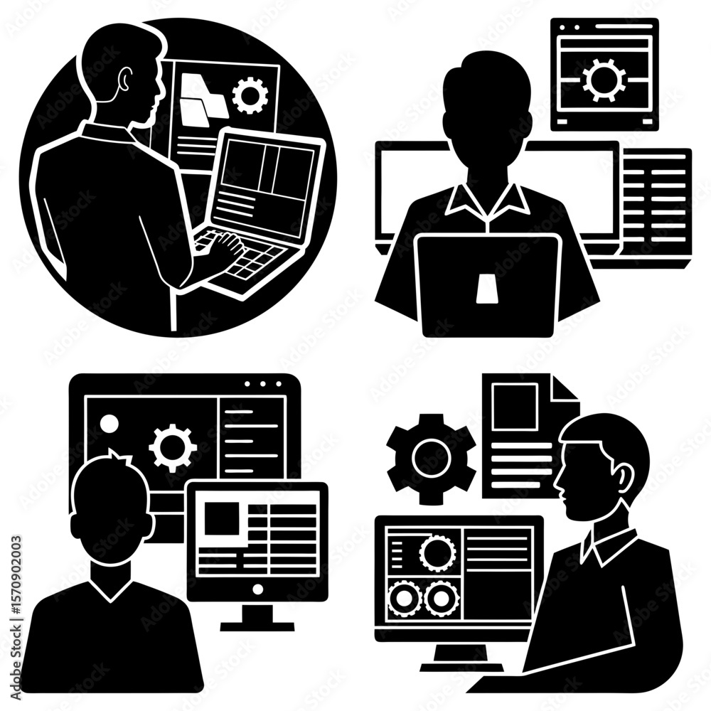 Aufkleber four illustrations of people working on computers with various interfaces and gear icons shown aroun