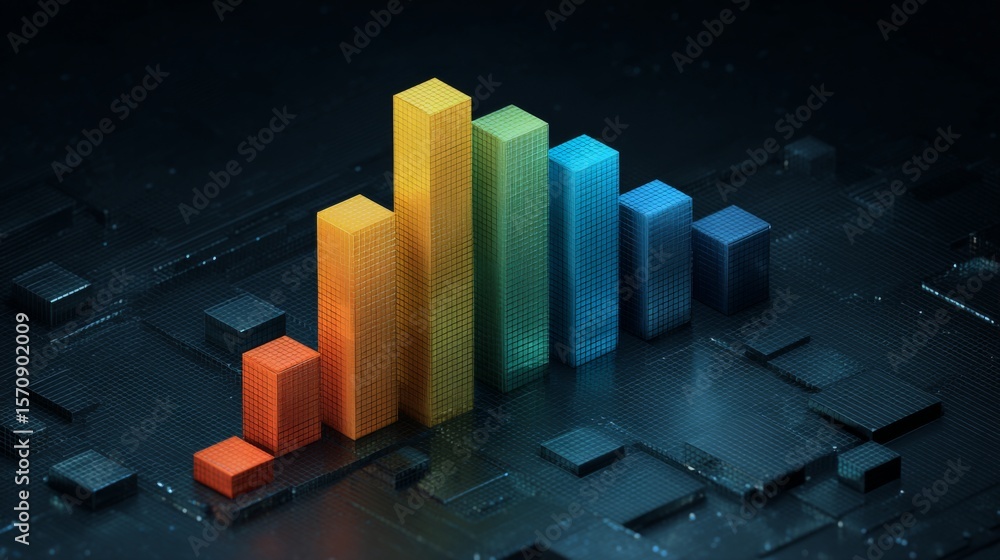 Poster d bar graph with gradient color bars emerging from a base grid, with subtle shadows and reflections 