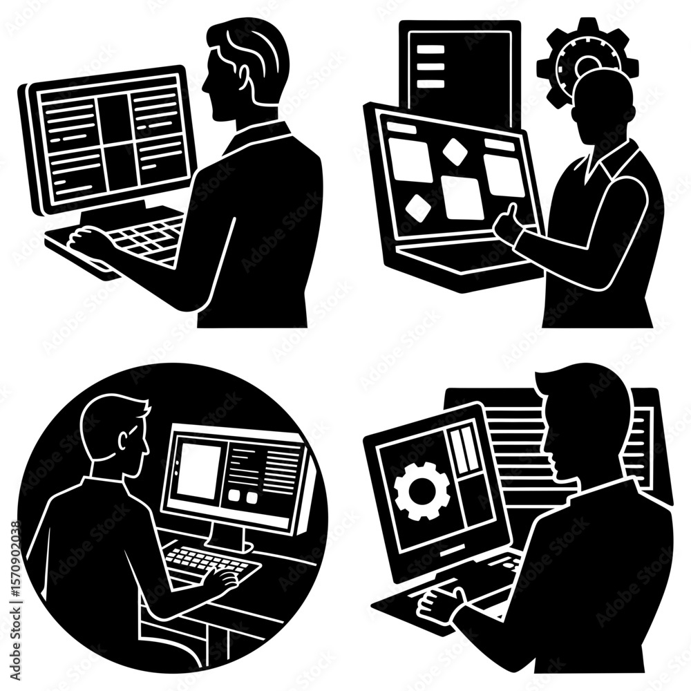 Aufkleber four black and white illustrations of people using computers and laptops in various settings and pos