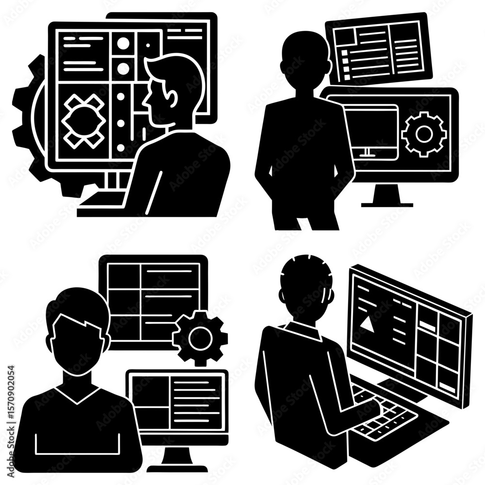 Poster four illustrations showing people working on computers with gears and various interfaces depicted