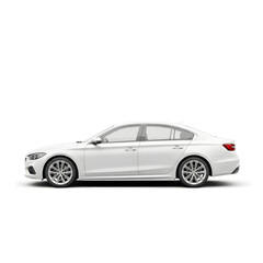 Fototapeta premium A side view of a white sedan car showcasing its sleek design and modern features on a white background