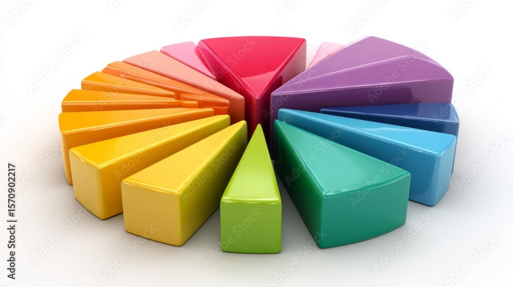 Poster d pie chart with vibrant segments on a white background, each section slightly separated for emphasi