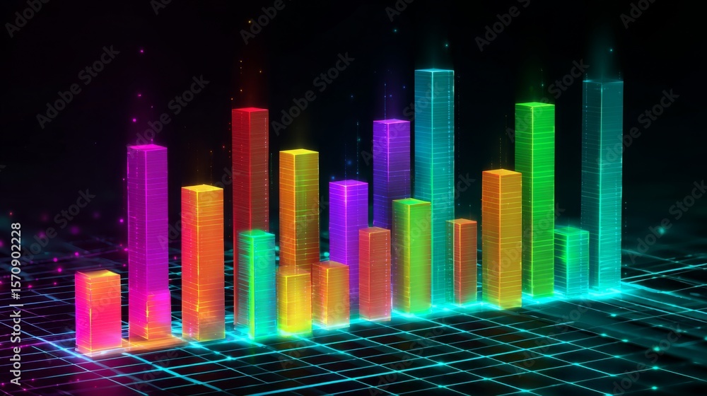 Poster abstract d bar graph with transparent bars in vibrant hues, rising from a grid plane, representing d