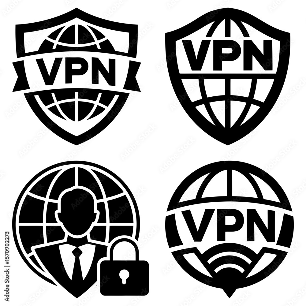 Poster four vpn icons with globe and shield elements representing secure network connections and data prote