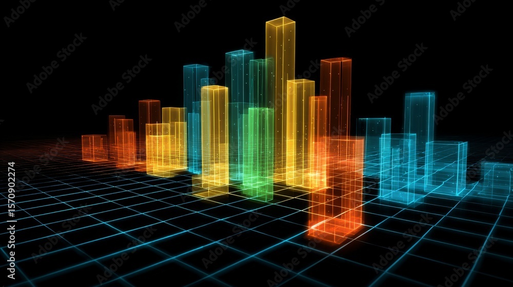 Poster abstract d bar graph with transparent bars in vibrant hues, rising from a grid plane, representing d