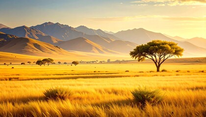Golden Sunrise African Savanna Landscape - Golden Hour Photography:.