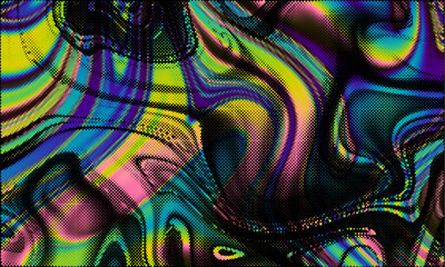 Twisted grainy gradient abstract halftone background, color blending effect, aesthetic texture. Halftone retro grunge effect. Dark psychedelic vector background © kastanka