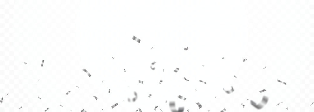 Falling shiny silver confetti and ribbons celebration party design element
