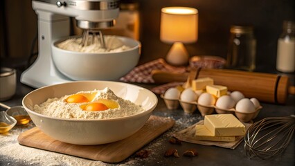Baking ingredients like flour, eggs, and butter arranged on a kitchen counter with a stand mixer in the background.