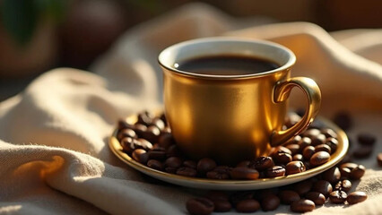Golden cup of hot black coffee.