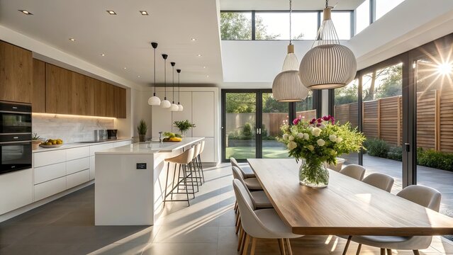 A bright and modern open-plan kitchen and dining room with high ceilings, large windows, and natural light flooding the space.