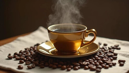 Golden cup of hot black coffee.