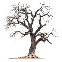 A bare dead tree with gnarled branches isolated on transparent background