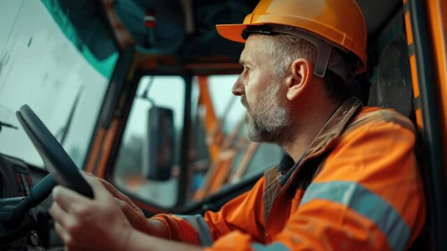 A construction worker wearing a hard hat is driving a truck on a job site