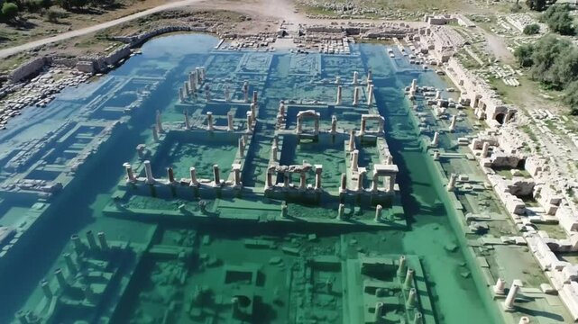 An aerial view reveals the submerged ancient ruins of olous, a sunken city off the coast of crete, greece, under the clear water