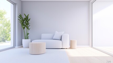 Living room Neutral Color Palette Scandinavian inspired living room with light gray walls, a white sofa, and light wood furniture, cozy textiles and natural light
