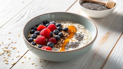 A healthy breakfast bowl of oatmeal porridge topped with fresh raspberries, blueberries, chia seeds, and a drizzle of honey on a white wooden table.