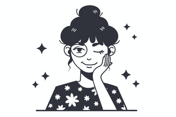 Happy darkhaired woman wearing glasses rests her face in her hand, surrounded by stars
