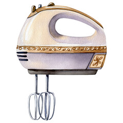 Vintage Hand Mixer: A delightful watercolor illustration presents a vintage hand mixer, showcasing its timeless design and evoking a sense of nostalgia for classic culinary tools.