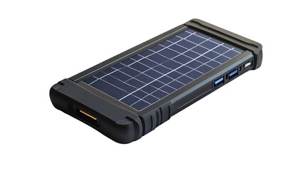 • A solar-powered portable charger for outdoor adventures, isolated on white background in HD 
