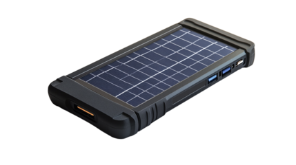 • A solar-powered portable charger for outdoor adventures, isolated on white background in HD 