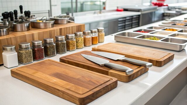 Professional kitchen counter with wooden cutting boards, knives, and various spices ready for food preparation.