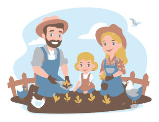 Happy Family Planting in Garden with Cartoon Style Illustrations