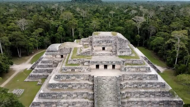 An aerial view showcases the majestic mayan pyramid ruins nestled deep within a lush green jungle, a testament to ancient civilization
