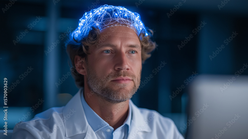 Poster neuroscientist mapping brainwaves in mri suite for discovery technology