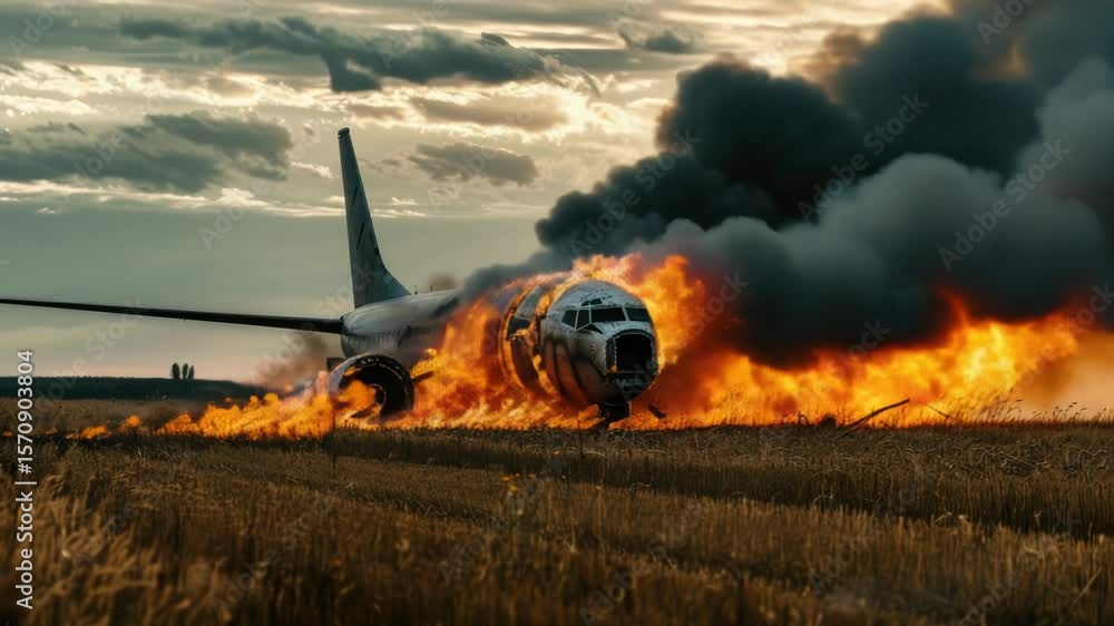 Poster a plane in flames in an open field
