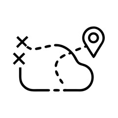 Roadmap Icon with Location Pins and Curved Path Arrow – Black Line Art Symbol Representing Journey, Navigation Route, Travel Direction, or Strategic Planning Concept