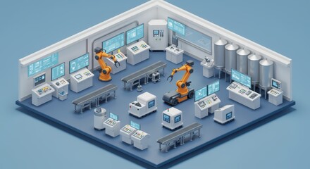 Modern Automated Factory Production Line with Robotic Arms and Control Stations