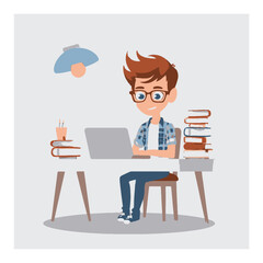 Young Boy Working at Desk with Laptop and Books in Cartoon Style Vector Art